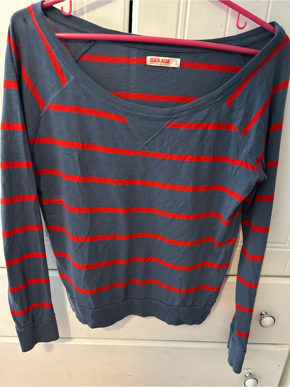 EUC GARAGE Navy Top with Red Stripes, Long Sleeves Scoop Neck
